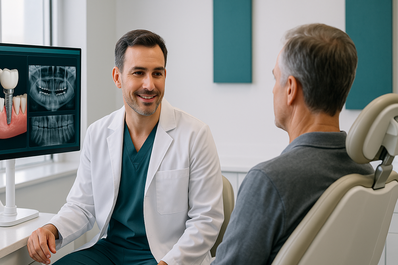 Dental implant specialist consulting with an adult patient using 3D imaging in a Beverly Hills clinic