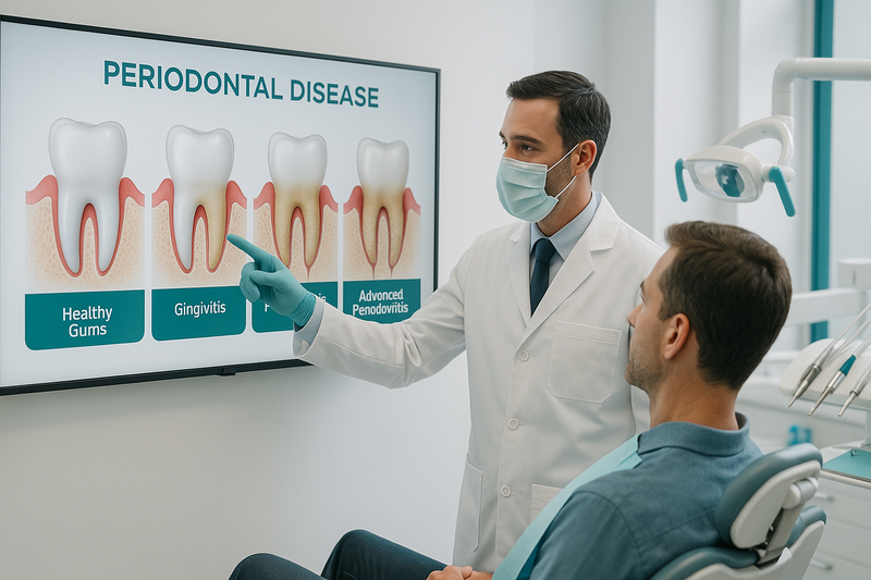 Periodontist explaining the stages of periodontal disease to an adult patient with a digital chart showing healthy gums to advanced disease in a modern dental clinic