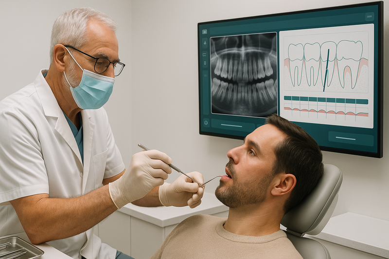Periodontist performing periodontal probing and reviewing digital X-rays for stages of periodontal disease in a clinical setting