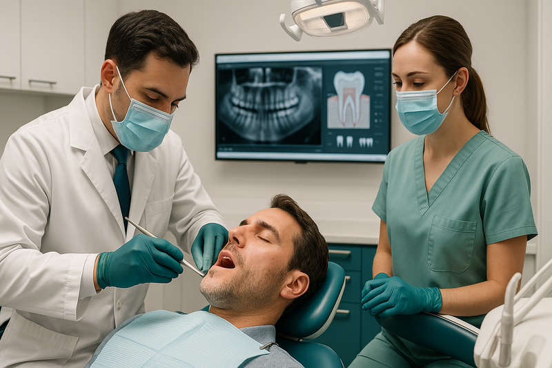 Periodontist gently performing non-surgical gum treatment for adult patient in a modern clinic, illustrating can you reverse periodontal disease treatment process