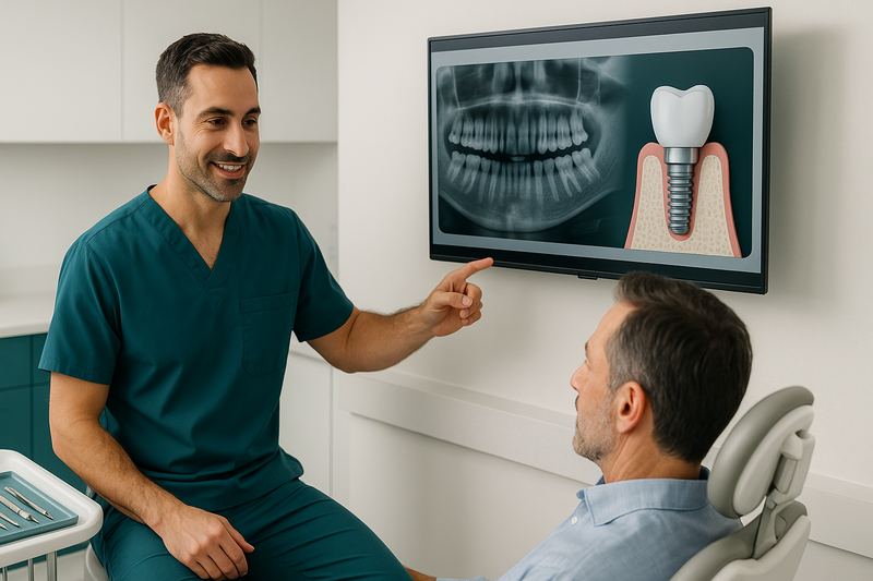 Dental implant specialist in Beverly Hills clinic explaining 3D dental implant procedure to adult patient using digital X-ray display