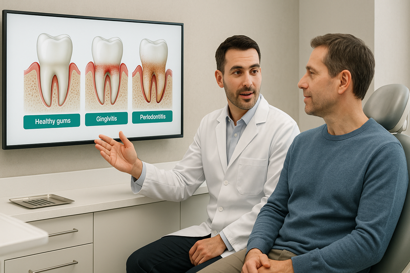 Periodontist explains can you reverse periodontal disease by showing gum and bone health stages on a digital monitor to an adult patient in a modern clinic.