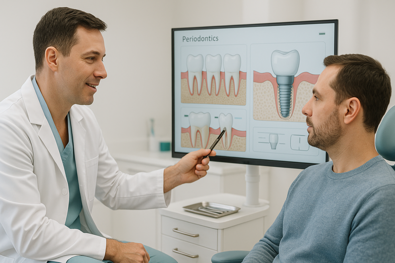 Periodontist in Los Angeles consulting with a patient using a digital periodontal chart in a modern clinic, showing advanced gum health care.