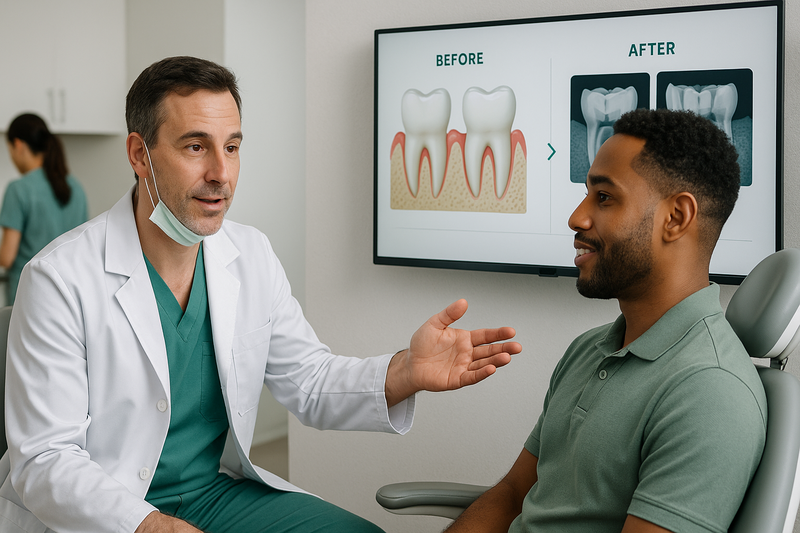 Periodontist consulting with patient and reviewing timeline on periodontal charts to explain how can gum disease be cured