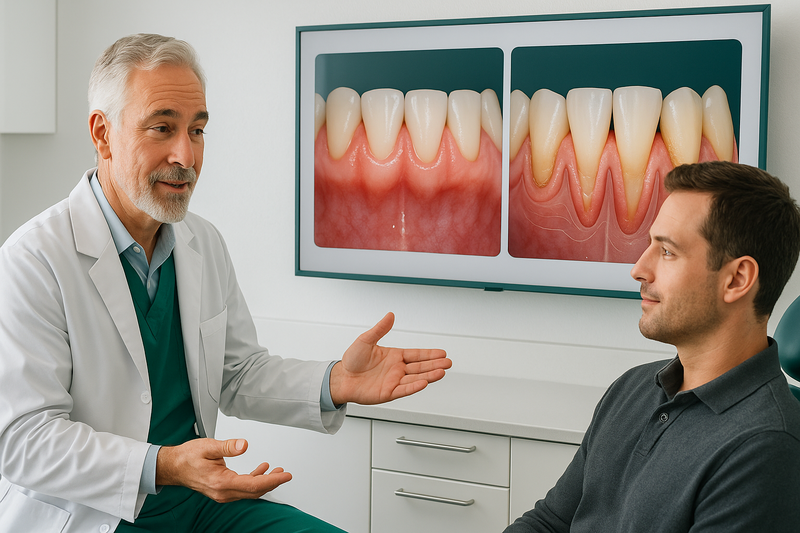 Periodontist explaining gingivitis vs periodontitis with dental visuals showing gum recession, inflammation, and bone loss on a consultation screen