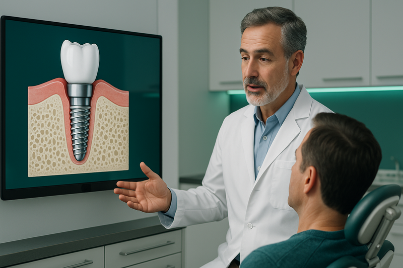 Modern dental clinic consult showing periodontist explaining dental implants with monitor illustration of implant in jawbone