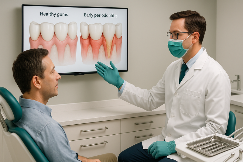 Dentist explains early periodontitis to a patient using a screen comparing healthy gums and gum disease progression