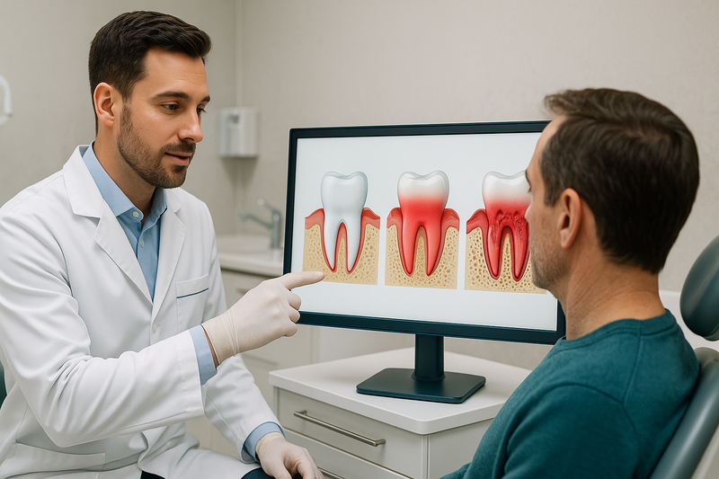 Dentist pointing at a screen with healthy gums, gingivitis, and periodontitis cross-sections to illustrate gingivitis vs periodontitis
