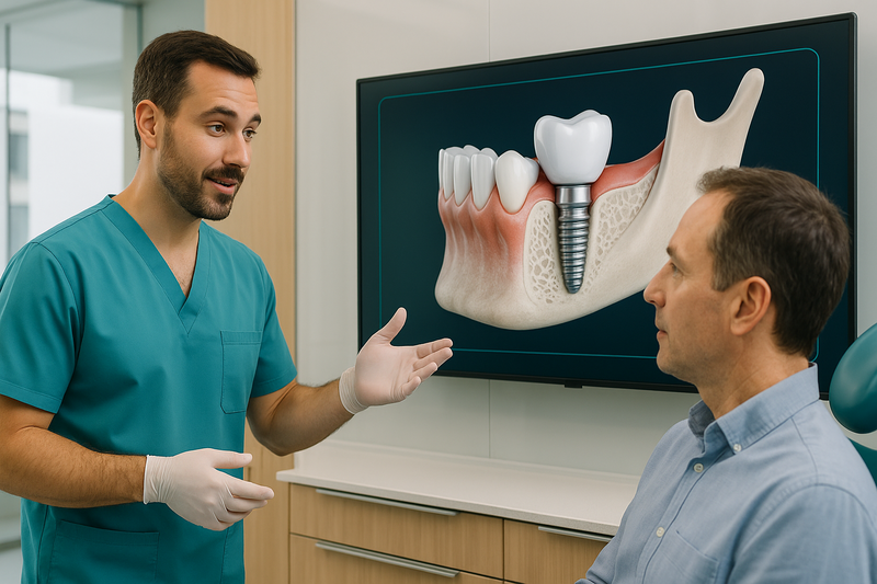 Dentist consulting adult patient in modern clinic, demonstrating instant dental implants with 3D jaw model on digital display