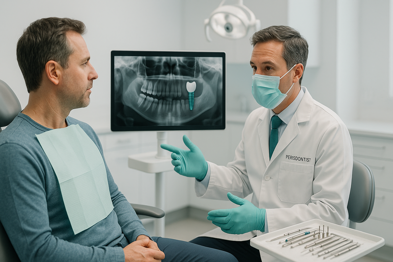 Modern periodontist reviews digital implant plan with patient in Beverly Hills, showcasing dental implants Hollywood approach