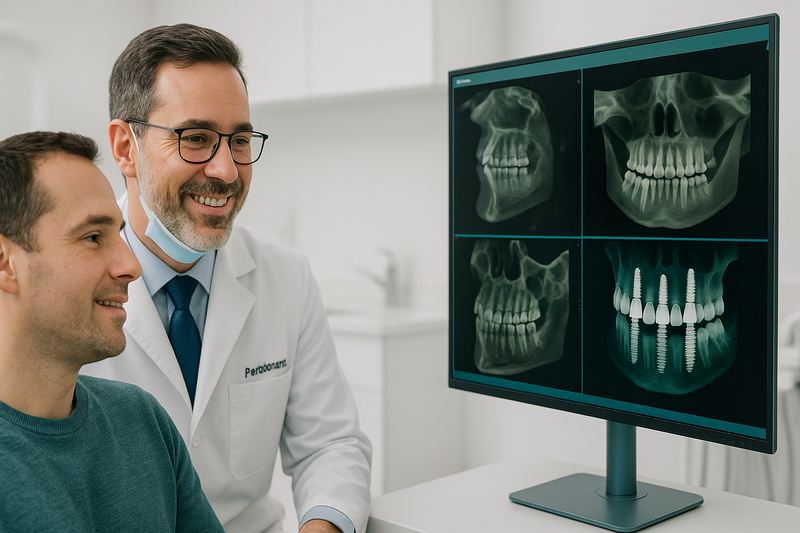 Board-certified dentist consulting an adult patient using CBCT scans for dental implant Los Angeles treatment planning in a modern operatory