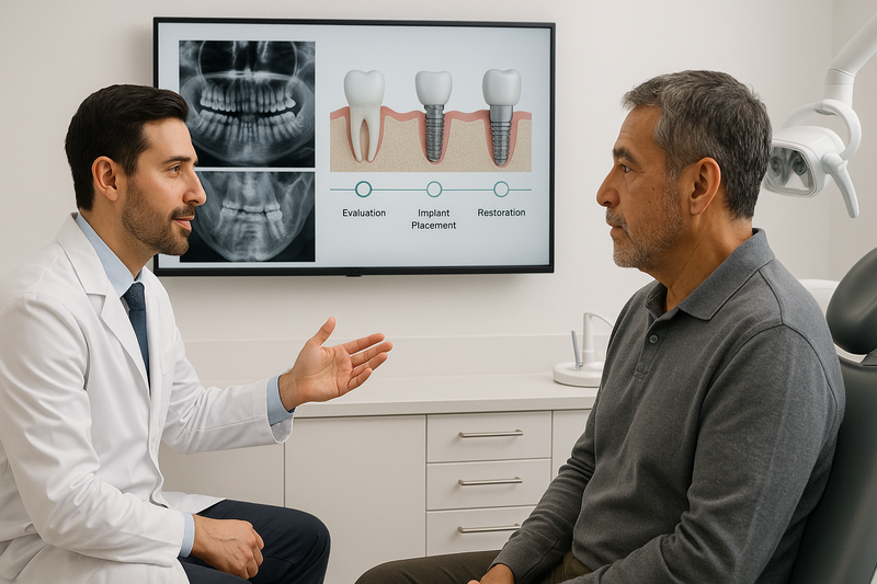 Dentist and patient reviewing digital X-rays and dental implant treatment plan at Beverly Hills clinic, highlighting dental implants Pasadena process.