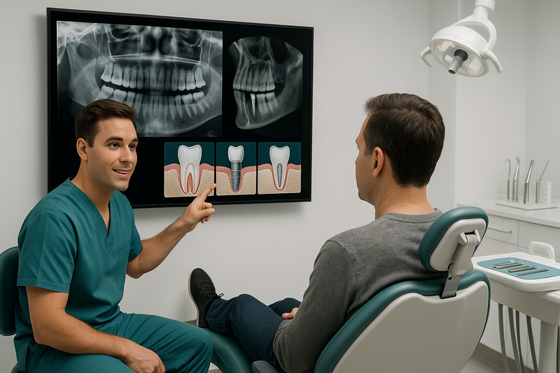 Professional periodontist explains dental implants Los Angeles process using digital dental X-rays and 3D CBCT imaging in a modern clinic
