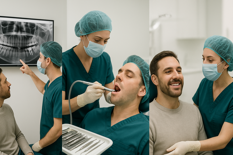 Dental implants specialist consulting, performing precise implant surgery, and providing follow-up care in a modern Beverly Hills clinic