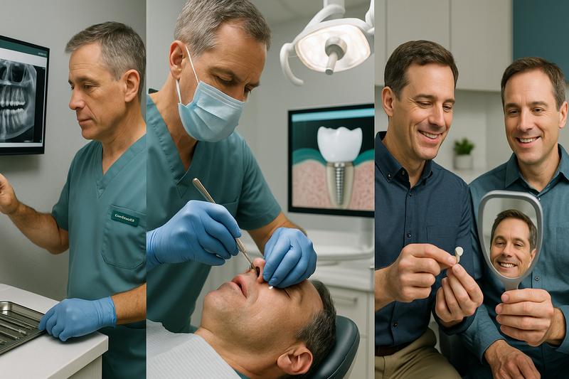 Step-by-step dental implant process led by a dental implant specialist Los Angeles, from X-ray review to final crown in a modern clinic