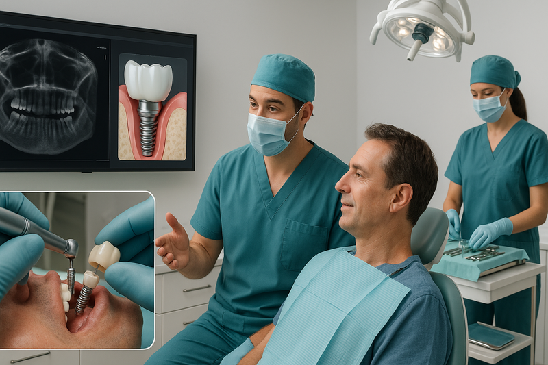 Step-by-step instant dental implants process in a modern Beverly Hills clinic, showing careful diagnostics, implant placement, and supportive patient interaction.