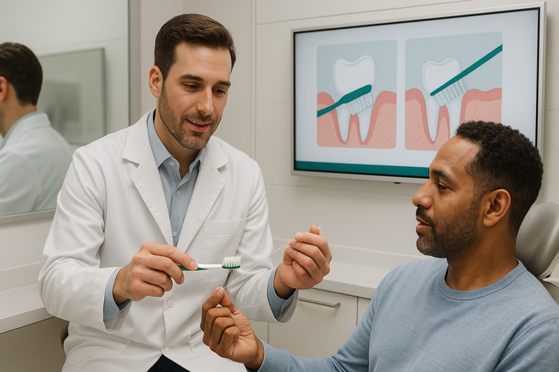 Dentist demonstrating how to reverse gum recession with brushing and flossing guidance in a modern clinic setting