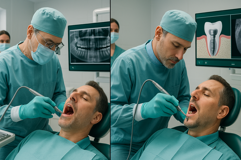 Periodontist performing a one day dental implants procedure with piezotome extraction and implant placement in a modern, sterile clinic environment with digital dental X-rays.