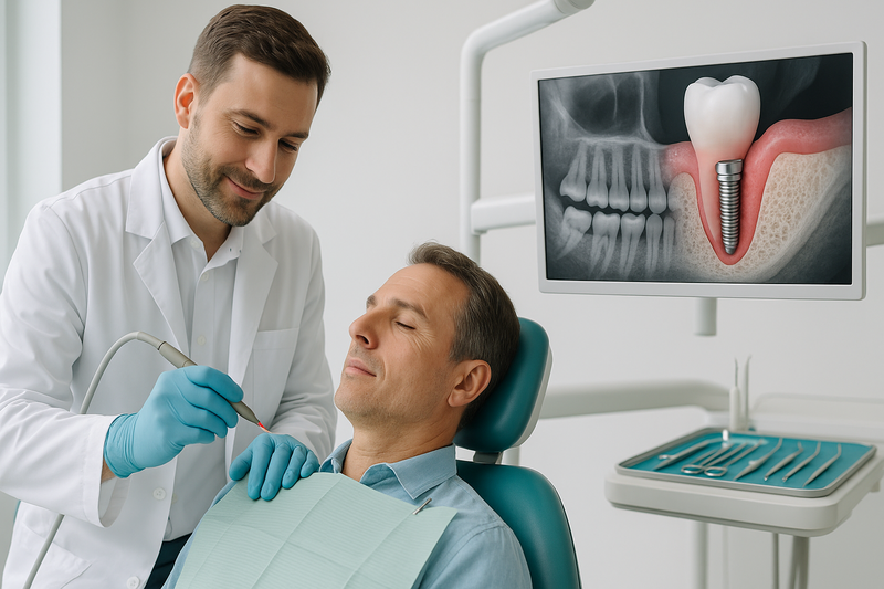 Periodontist Santa Monica providing laser gum therapy in a modern clinic with digital implant planning and bone graft setup