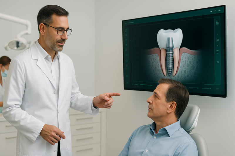 Periodontist in Los Angeles reviewing a 3D dental implant X-ray with patient in modern clinic, emphasizing comprehensive care