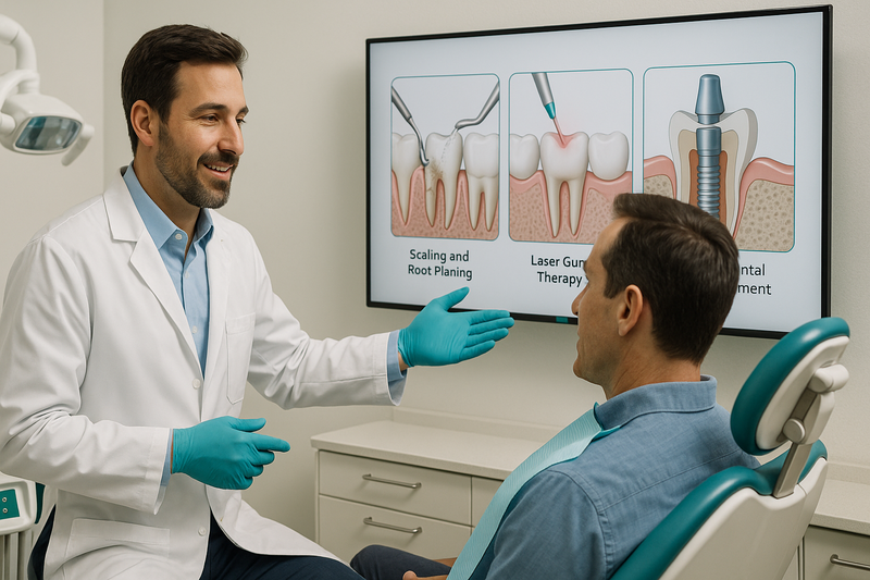 Periodontist West Los Angeles consulting patient and reviewing digital periodontal treatment plan, including scaling, laser therapy, and dental implant placement