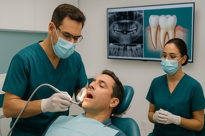 Periodontist near Studio City performing modern scaling and root planing with digital X-rays in a clean dental clinic