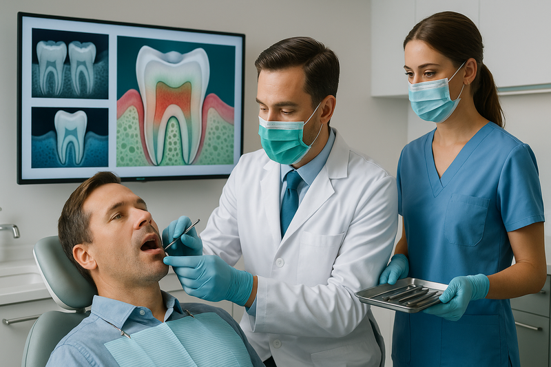 Best periodontist Beverly Hills performing a comprehensive periodontal evaluation in a modern, calm dental clinic with gum health charts displayed.
