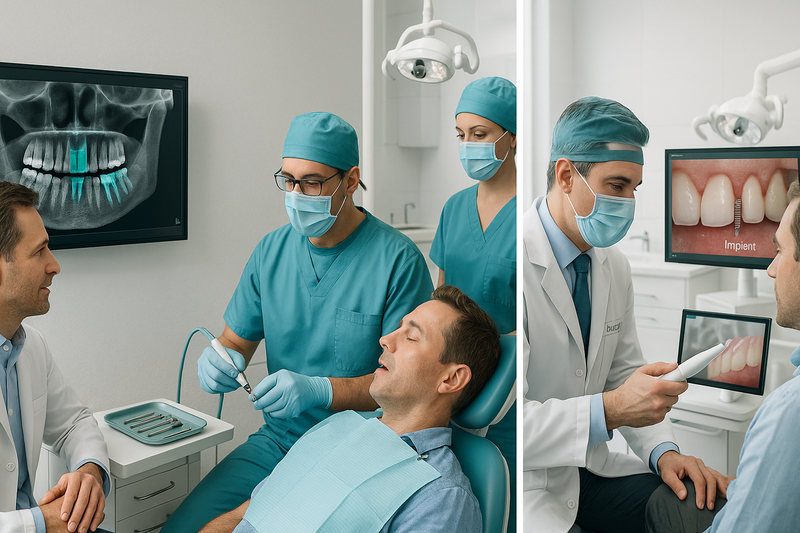 Periodontist explaining CBCT scan and performing implant with patient, illustrating the stepwise periodontist dental implants process in a modern clinic