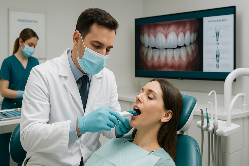 Porcelain veneers dentist taking impressions with smile design monitor during Beverly Hills procedure steps