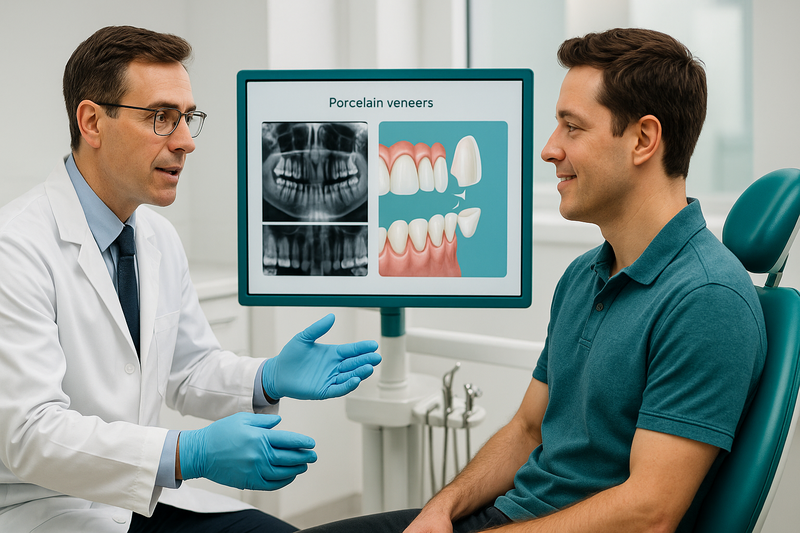 Dentist consulting with a patient using a digital display to explain porcelain veneers procedure steps, showing comfortable setting and real dental X-rays.