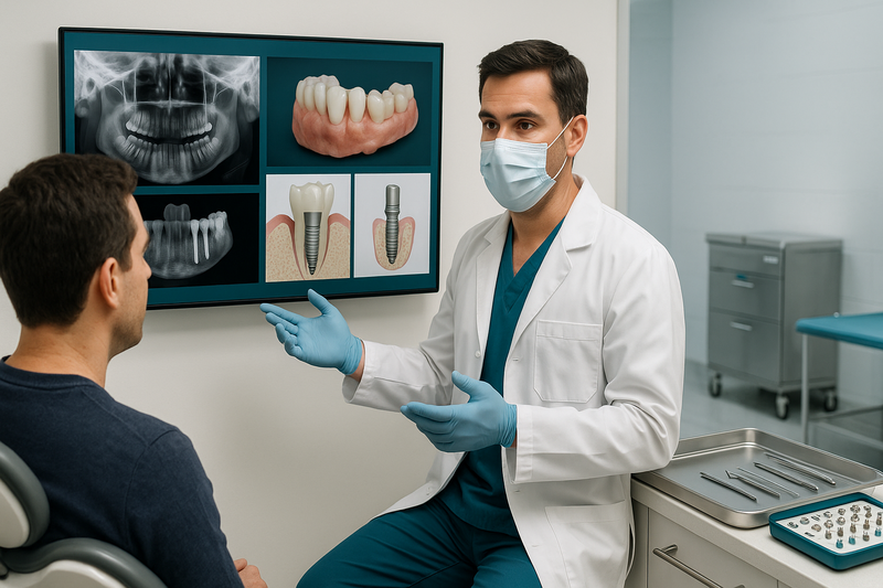 Periodontist explains dental implants process using CBCT X-rays and digital scans during patient consultation