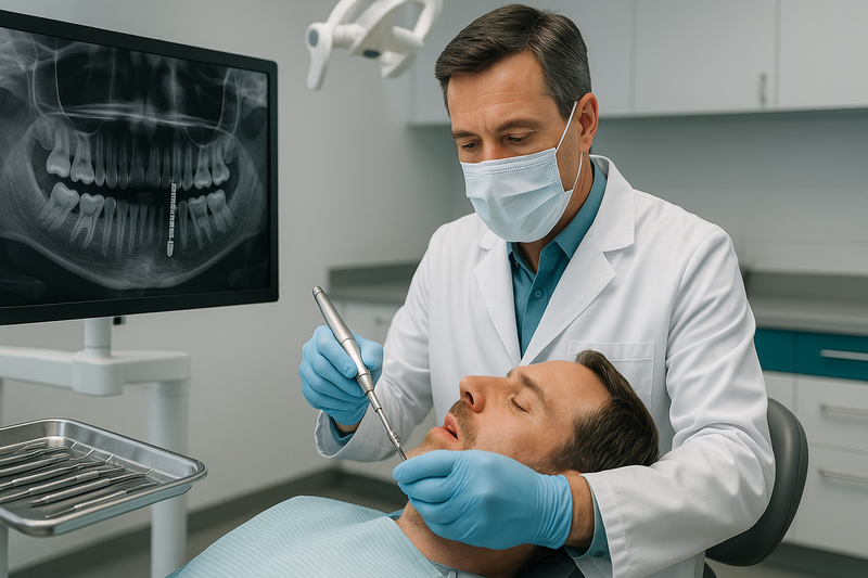 Periodontist placing instant dental implants using 3D digital guidance in a modern Beverly Hills clinic