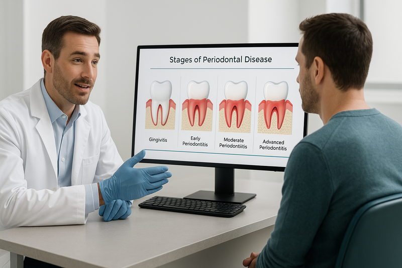 Dentist showing early periodontitis progression on monitor with clinical infographic of gum health stages