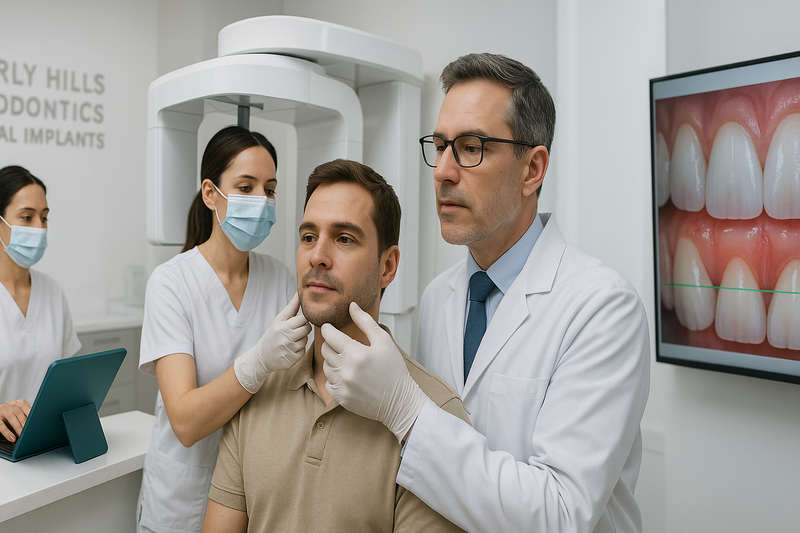 Photorealistic sequence showing first dental visit steps including patient intake, periodontal consultation, digital imaging, and discussion—modern, calm clinic setting for your first dental visit