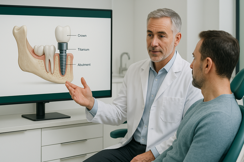 Dentist explains dental implants Encino using a digital screen showing a titanium implant, abutment, and crown in a modern clinic setting