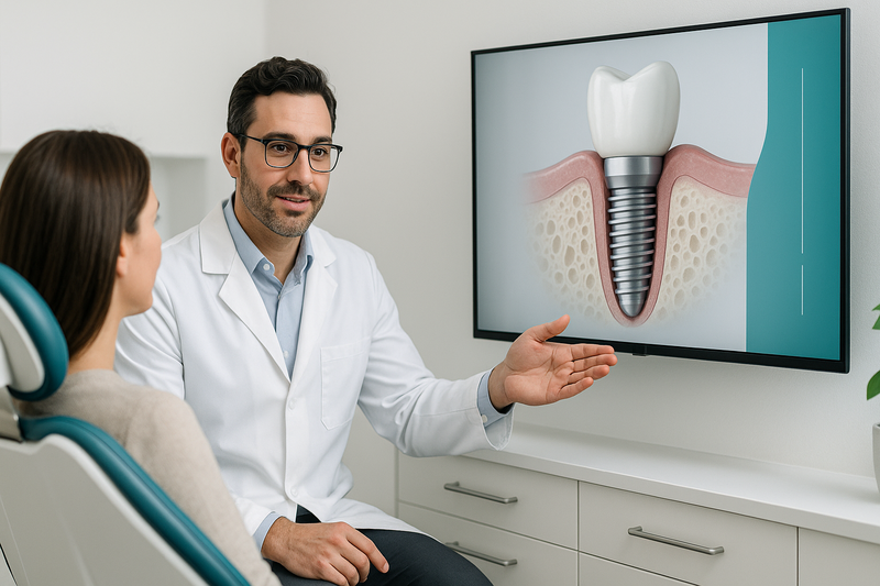 Dentist explaining dental implant anatomy to an adult patient using a digital diagram in a dental clinic, showing titanium post, abutment, and crown for dental implants Hollywood.