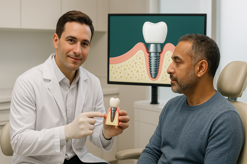 Dentist explains dental implants Pasadena approach to an adult patient with a visual diagram of implant post, abutment, and crown.