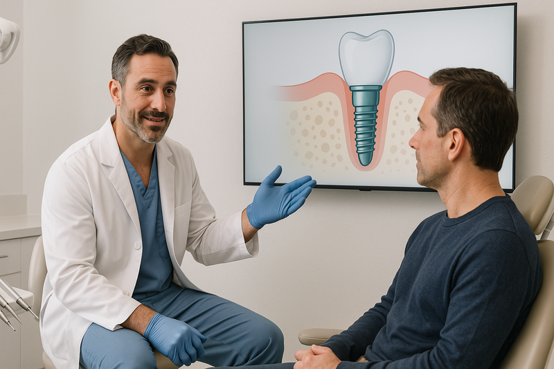 Periodontist showing Santa Monica dental implants on a digital screen with implant diagram and patient in a modern clinic