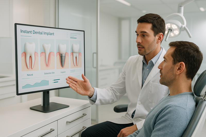 Dentist explaining instant dental implants to patient with digital step-by-step diagram on monitor
