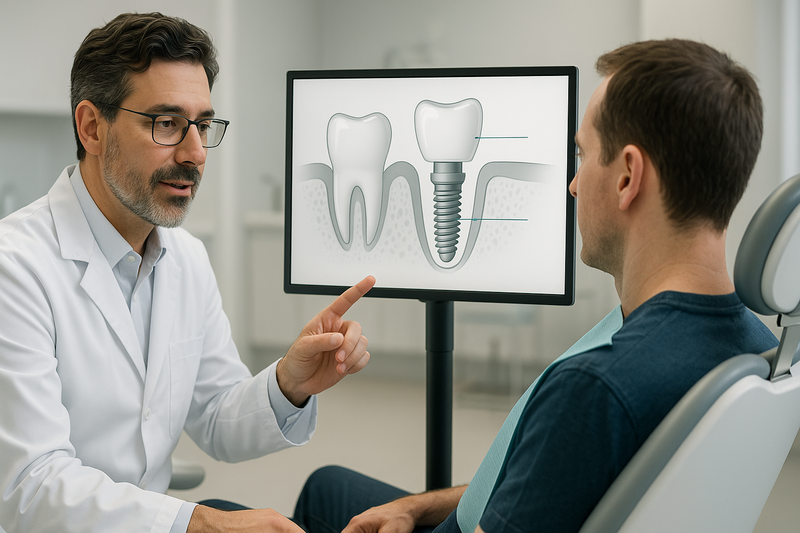 Dentist explaining one day dental implants to an adult patient with a cross-sectional digital display showing implant placement and temporary crown in a modern clinical setting.