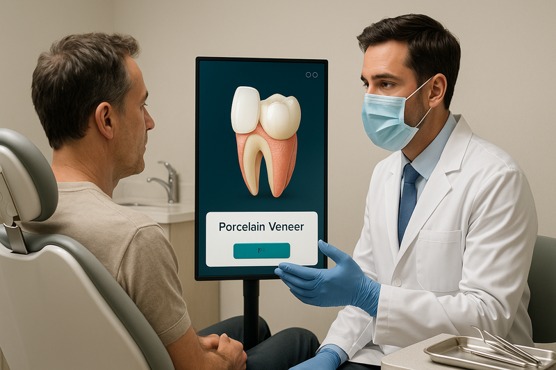 Porcelain veneers dentist explaining veneers with tooth illustration in a modern dental clinic