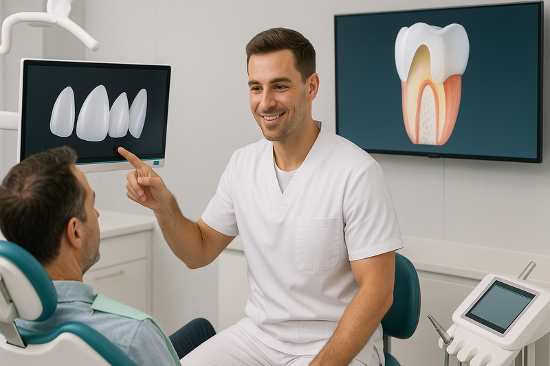 Cosmetic dentist showing a patient enlarged porcelain veneer shells and tooth cross-section to explain porcelain veneers in detail