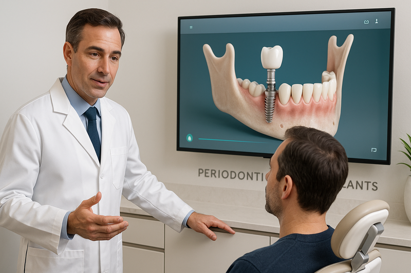 Dentist explaining same day dental implants to an adult patient using a clinic monitor with a detailed 3D jaw model displaying implant and temporary crown.
