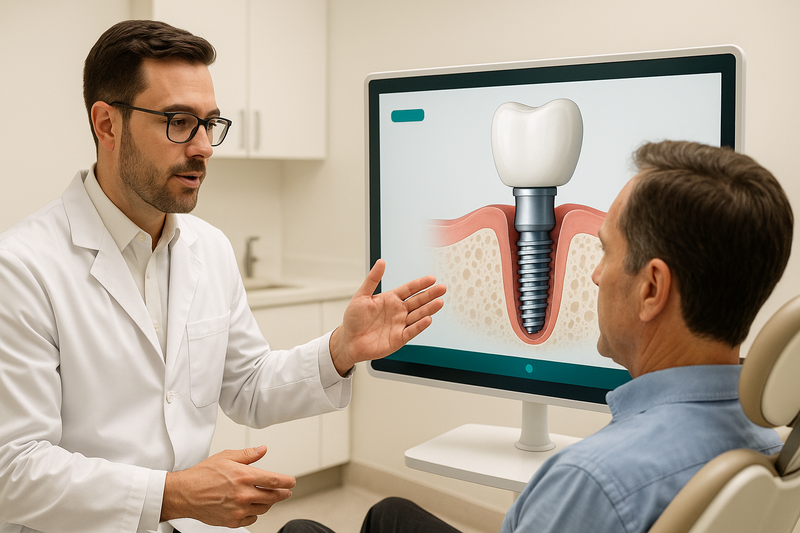 Dentist explains dental implant Los Angeles procedure to patient using digital screen showing detailed implant diagram inside bright, modern clinic.