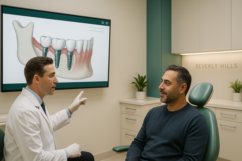 Dental implants specialist explaining digital implant planning to an adult patient in a modern Beverly Hills clinic