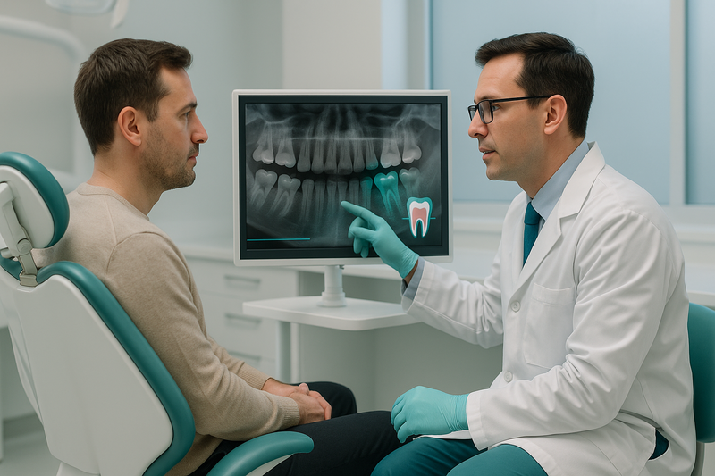 Periodontist consulting with an adult patient using digital dental imaging to review gum and bone levels near Studio City