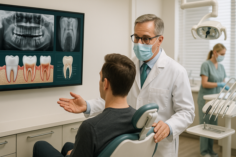 Periodontist Santa Monica specialist explaining gum disease treatment to a patient using dental X-rays and gum charts in a modern clinic