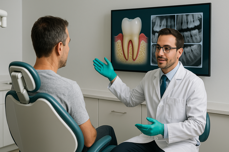 Periodontist in West Los Angeles consulting with patient, showing gum and bone health on digital screen in a modern dental office