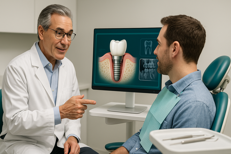 Periodontist consulting with adult patient, highlighting dental implant placement and gum health expertise