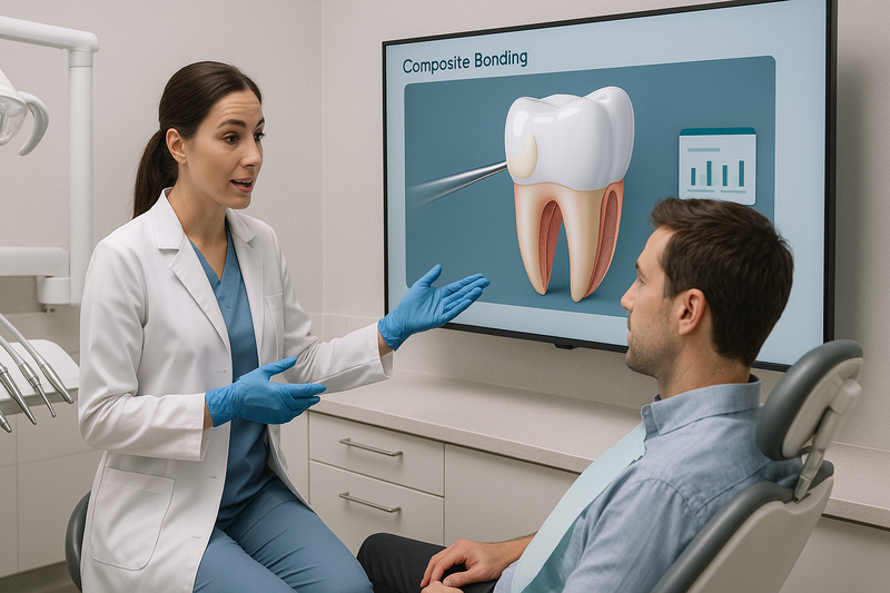 Dentist explaining composite bonding to a patient with a detailed digital diagram of the tooth showing composite resin application